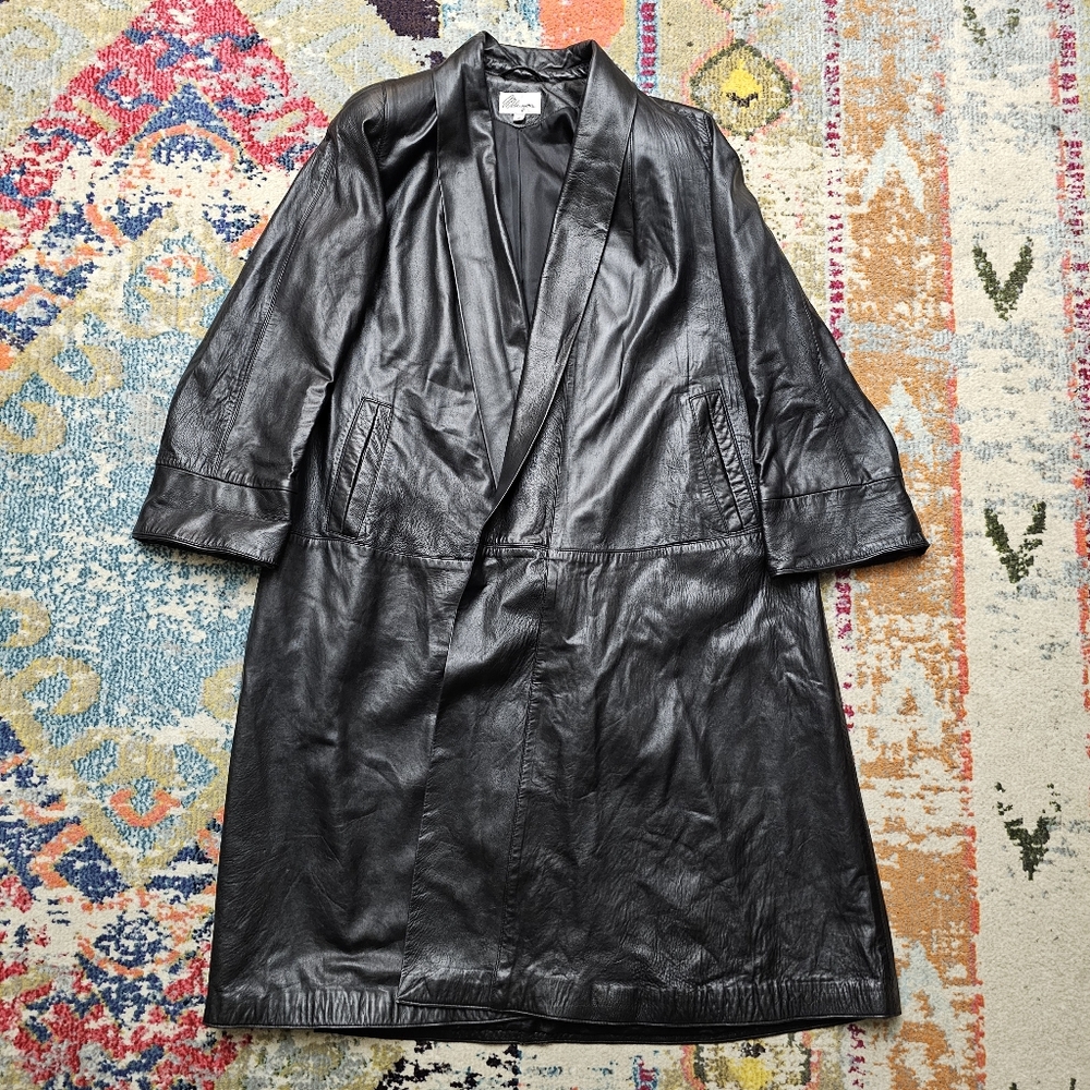 VTG Melanzona Leather Swing Coat Small Oversized Unisex Black Lined Open Front